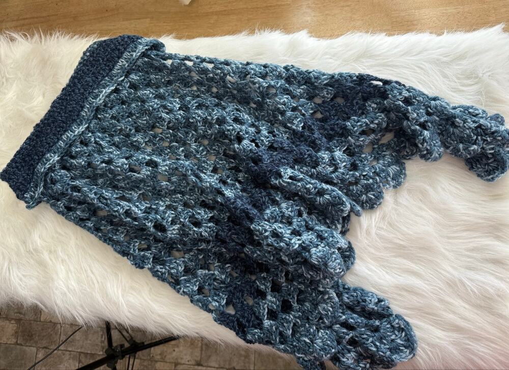 Vintage Crochet Asymmetrical Poncho Capelet Blue Striped Open Knit Cowl Neck
